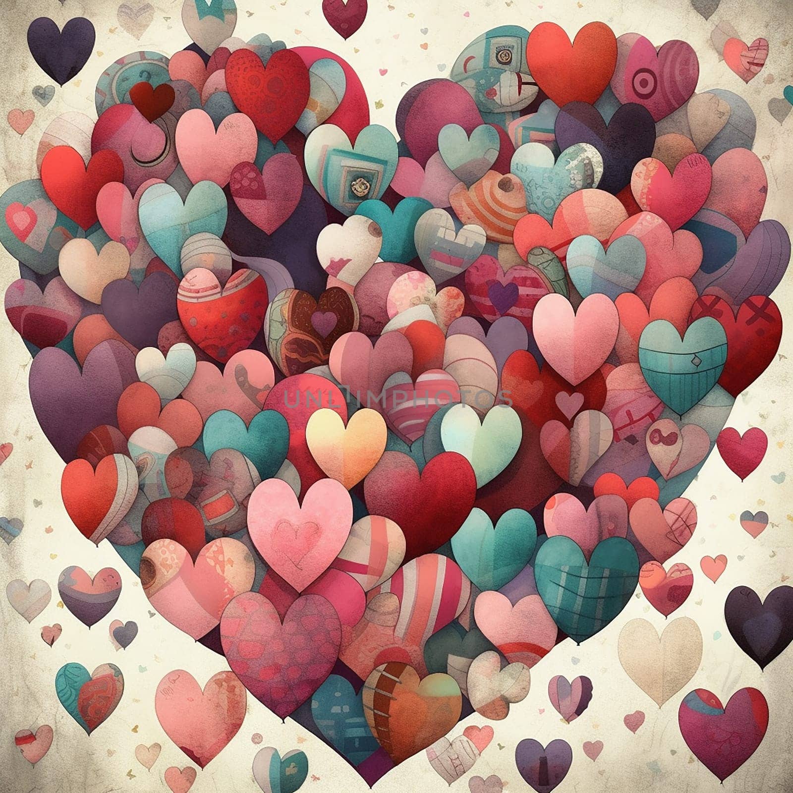 Vintage-style heart collage in various colors and patterns. by Hype2art