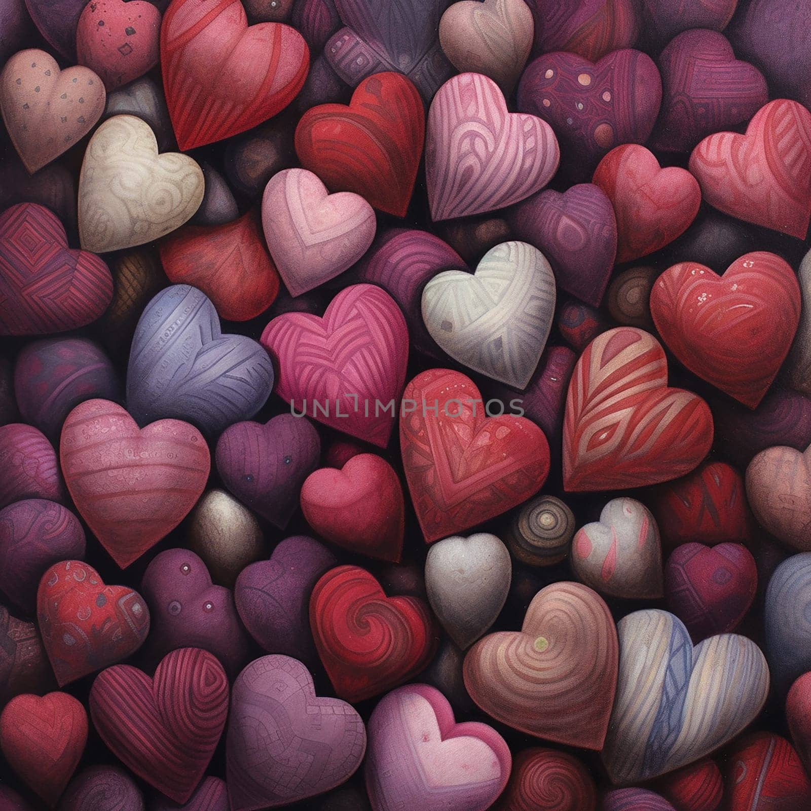 Multitude of stylized hearts in various shades and patterns