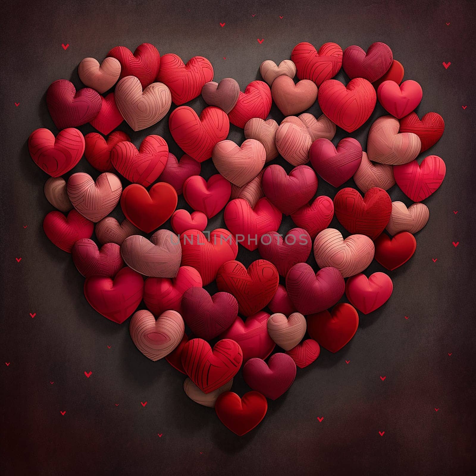 A collection of red and pink hearts forming a larger heart shape.