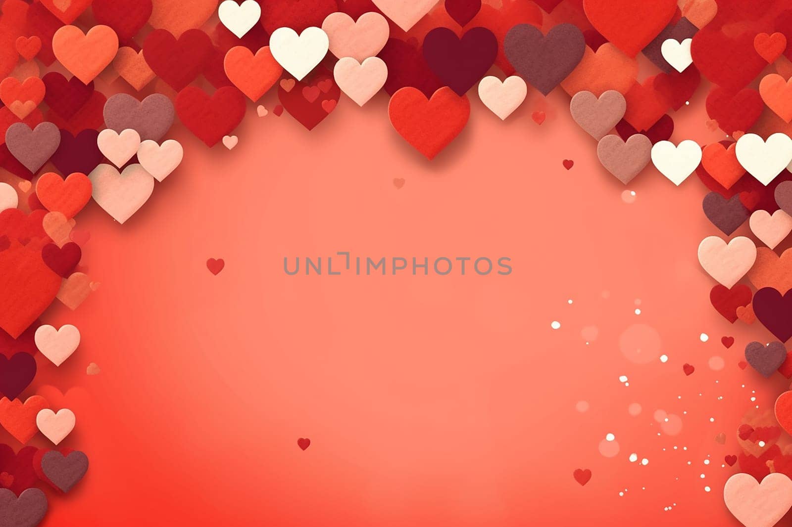 Various red and white hearts on a gradient red background, representing love and Valentine's Day.