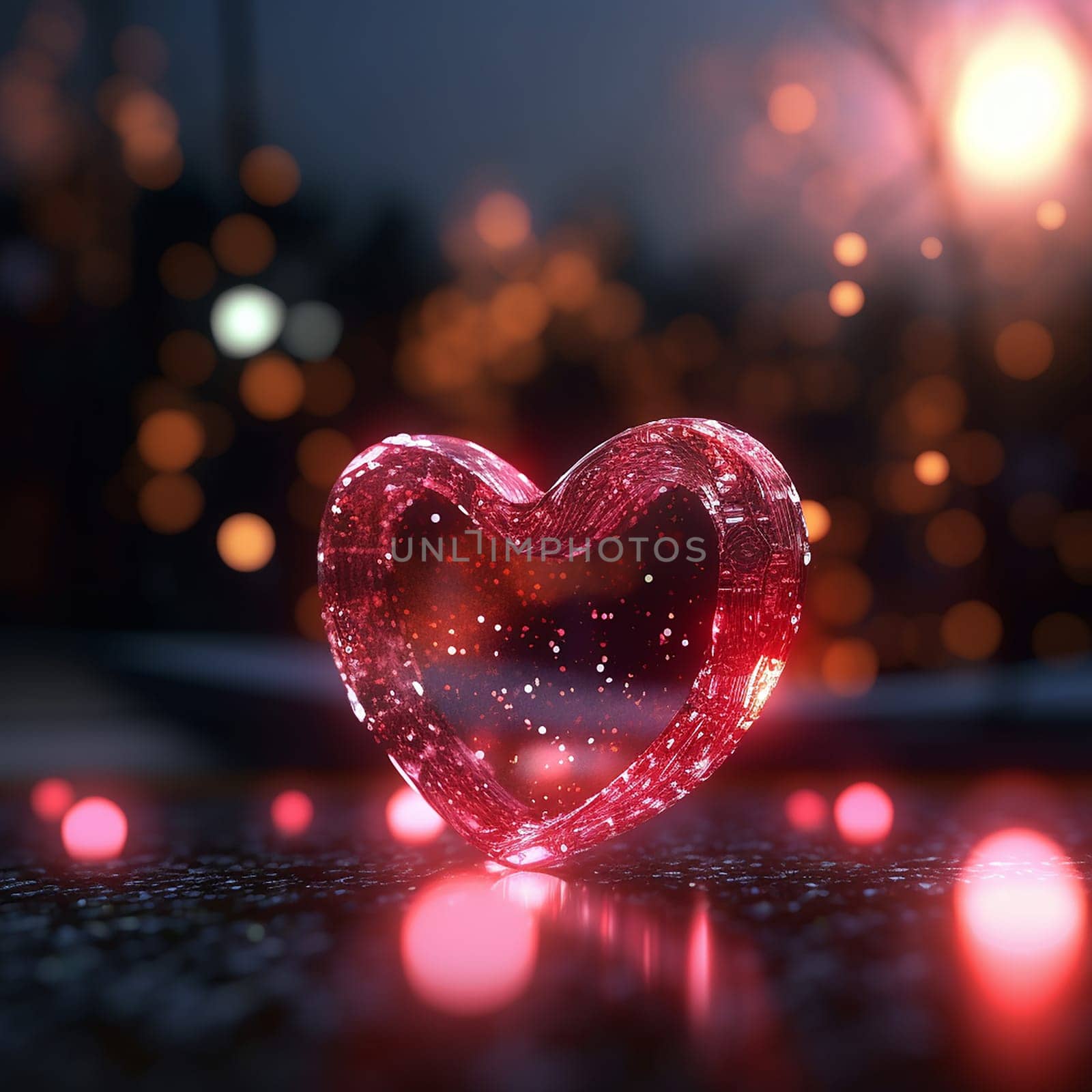 Illuminated red heart shape glowing against a blurred city lights backdrop.