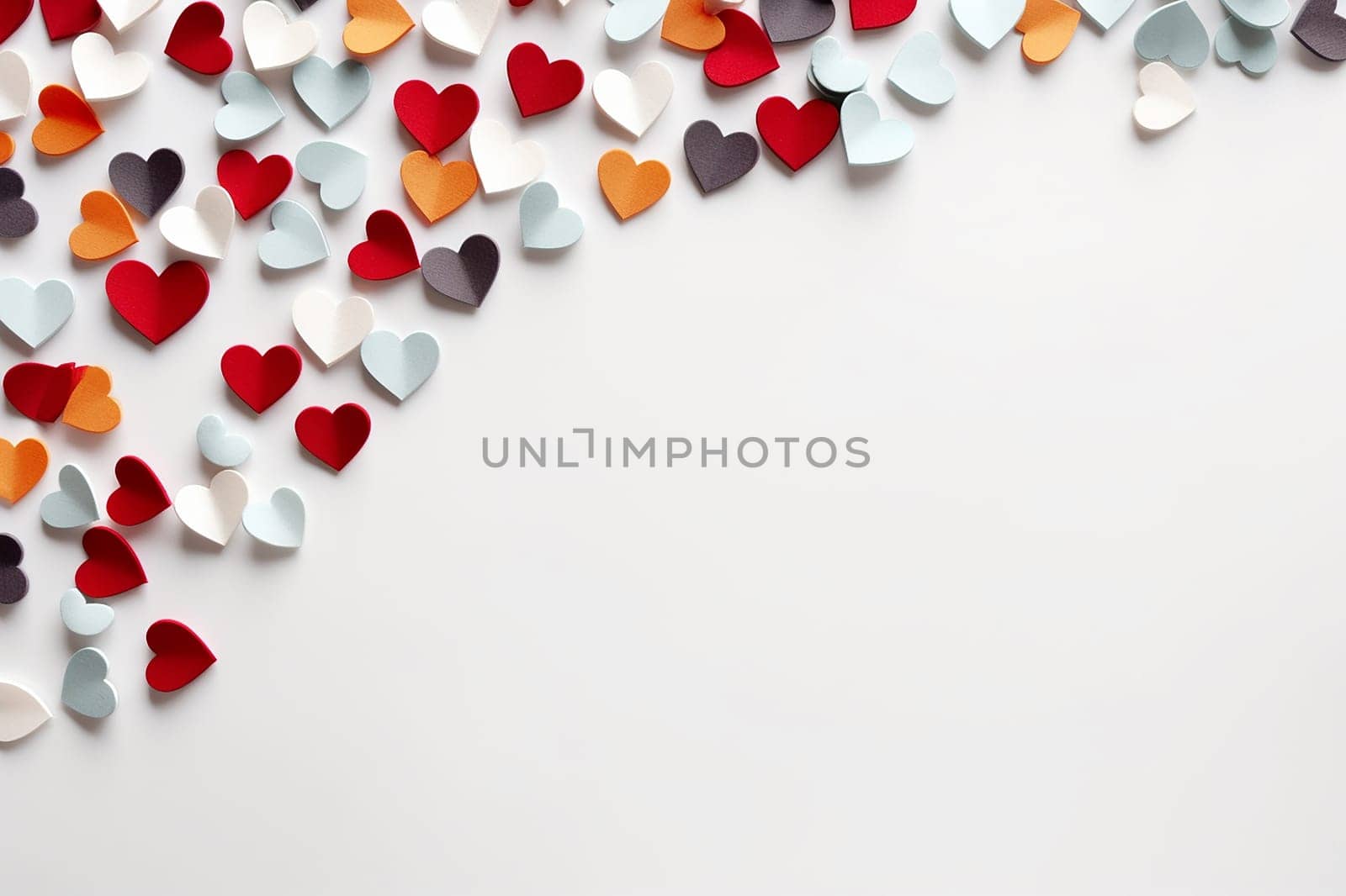 Assorted paper hearts spread in a corner on a white background.