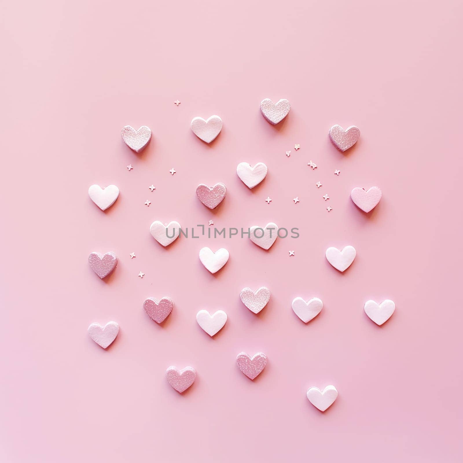 Assorted heart shapes on pink background, representing love, affection, or Valentine's Day.