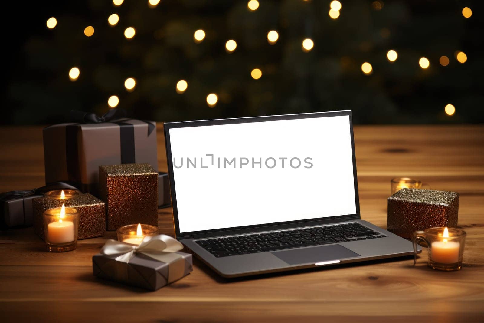 A laptop mockup is placed among gift boxes paper bags diyas. Generative AI.