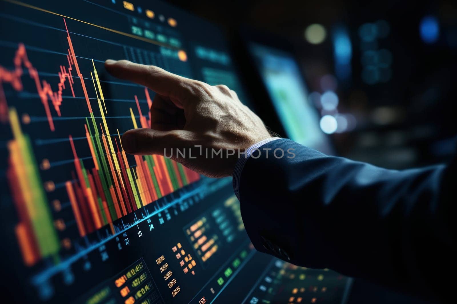 The finger points to a financial chart showing a price increase in the stock market. Generative AI.