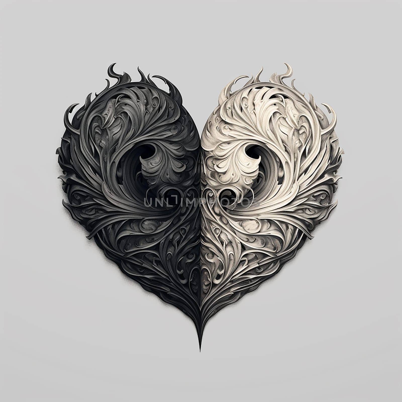 An artistic representation of a heart made with intricately designed black and white swirls