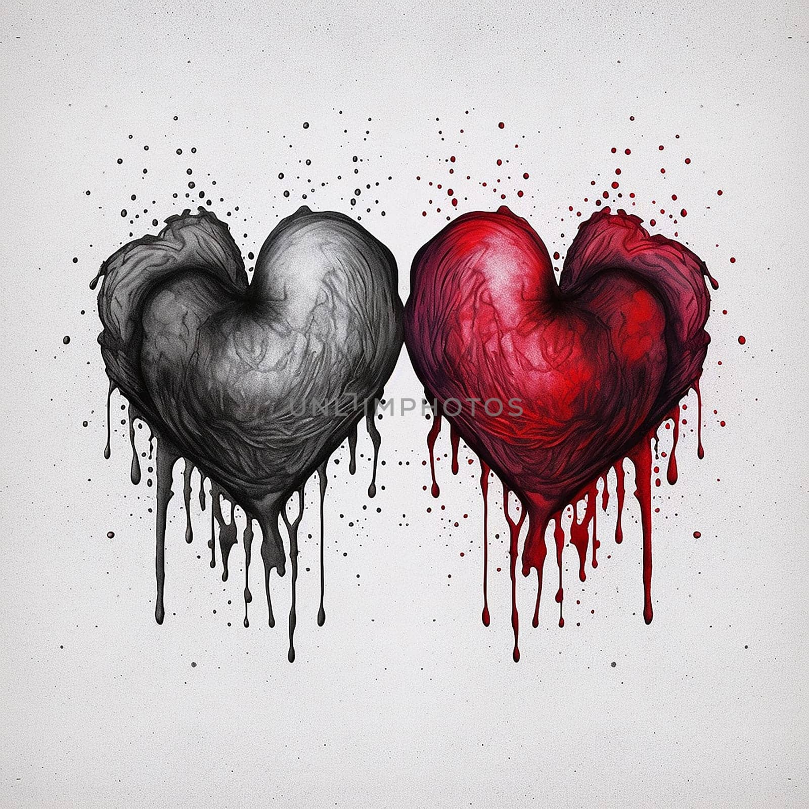 Two heart shapes, one black and one red, with a dripping paint effect