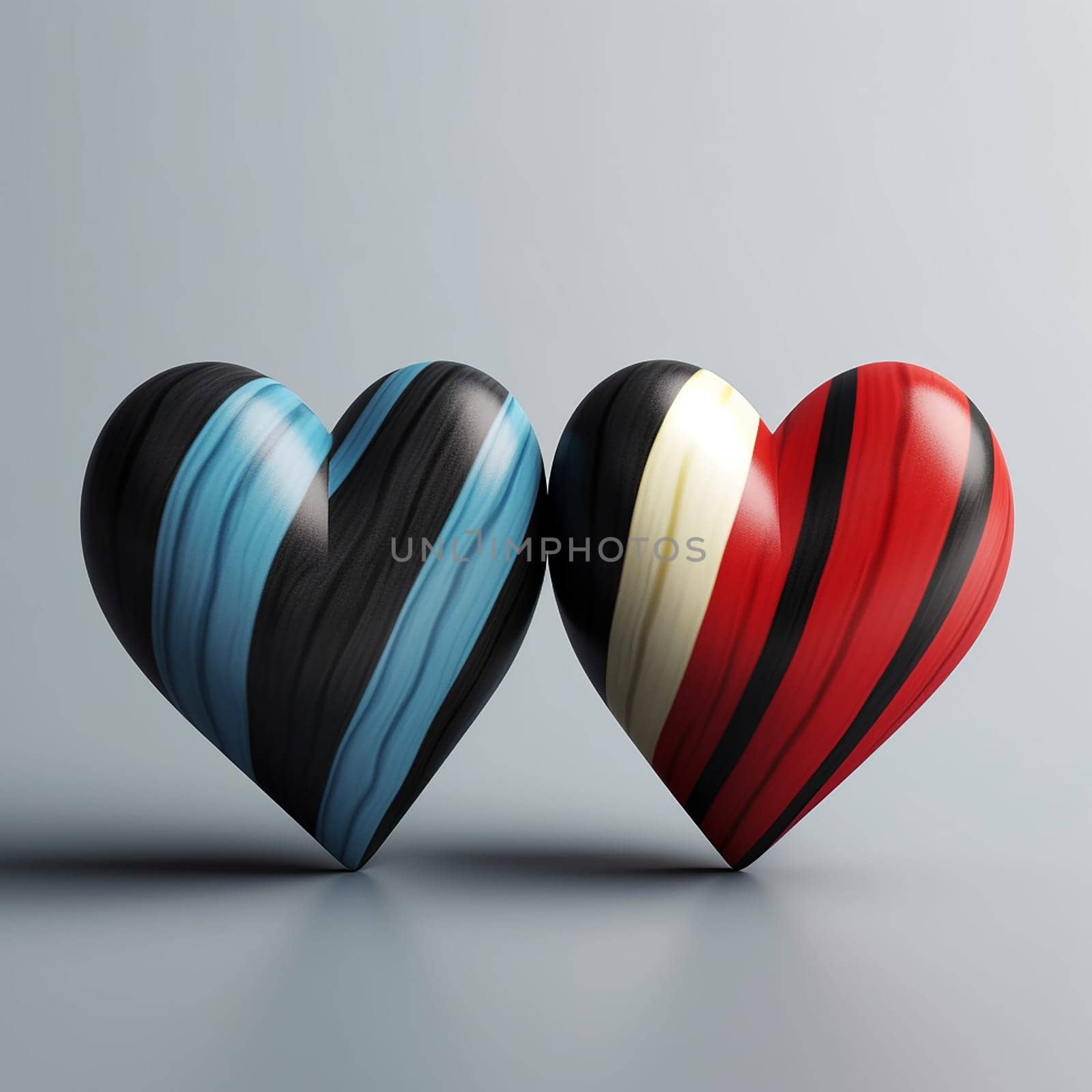 Two heart-shaped objects with contrasting striped patterns.