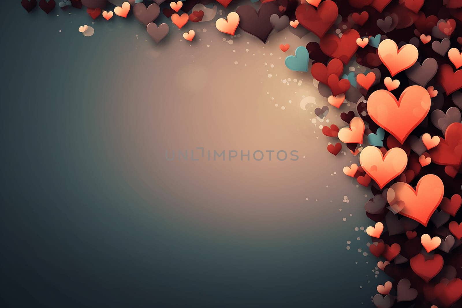 Abstract image of numerous hearts in shades of red and orange on blue background
