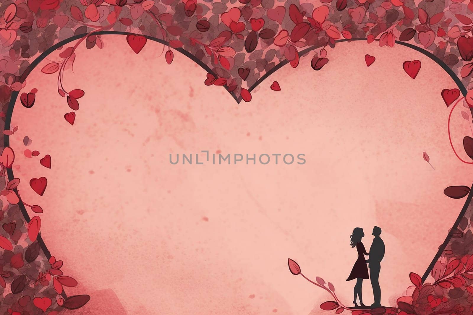 Silhouetted couple kissing under heart-shaped tree adorned with red leaves. by Hype2art