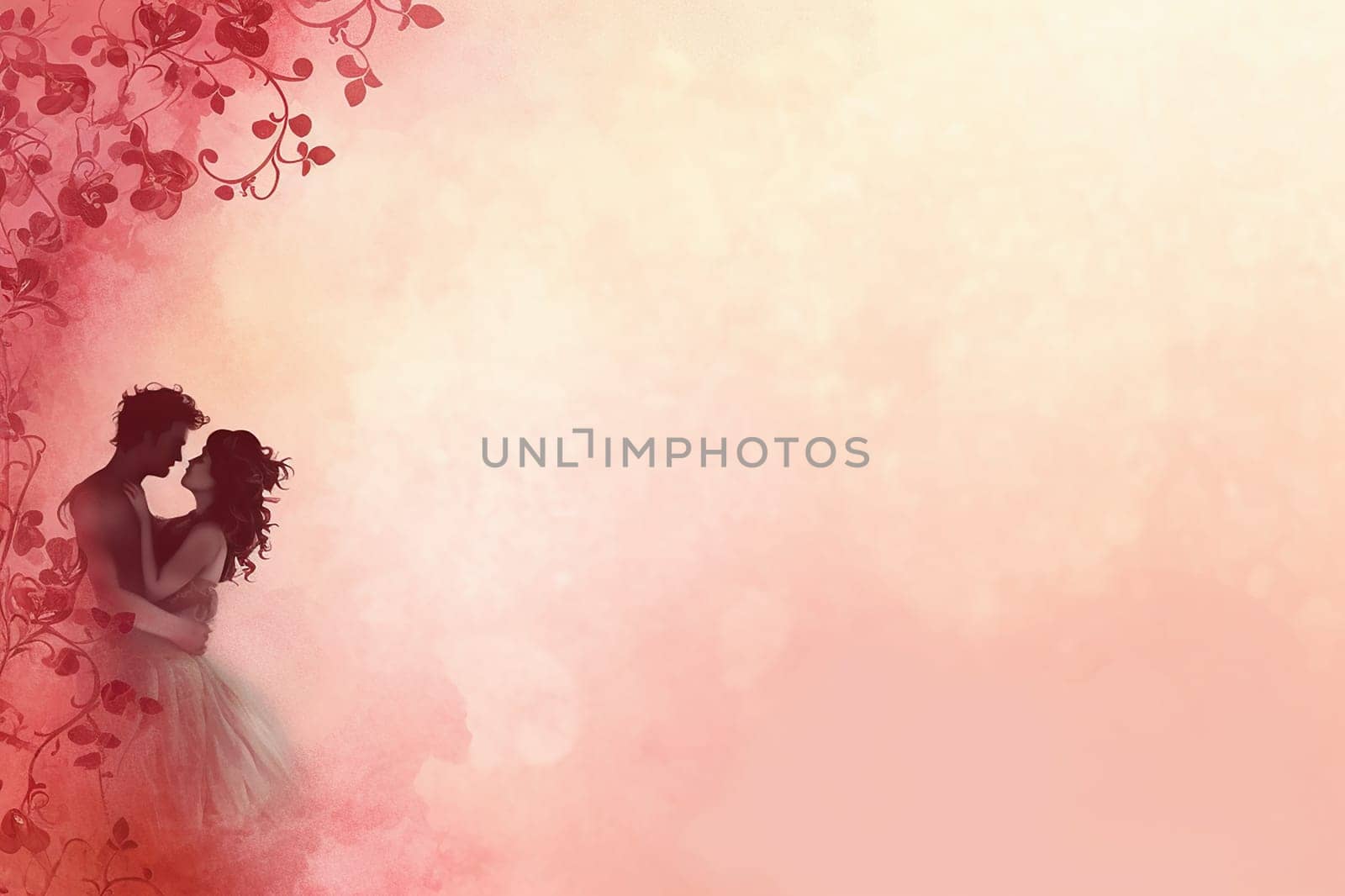 Silhouette of a couple embracing in a romantic setting with red floral accents.