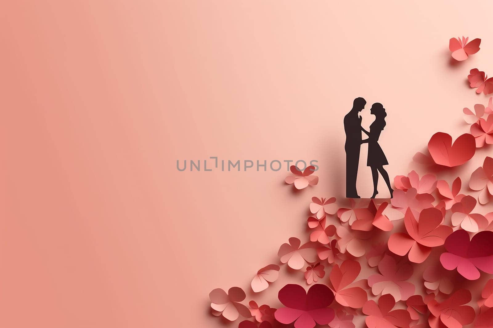 Silhouette of a couple surrounded by paper hearts on a pink background