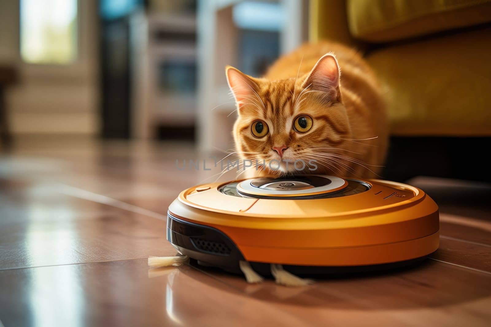 Cat sits on top of a robot vacuum cleaner, cleaning up scraps on the living room floor. Generative AI by golfmerrymaker