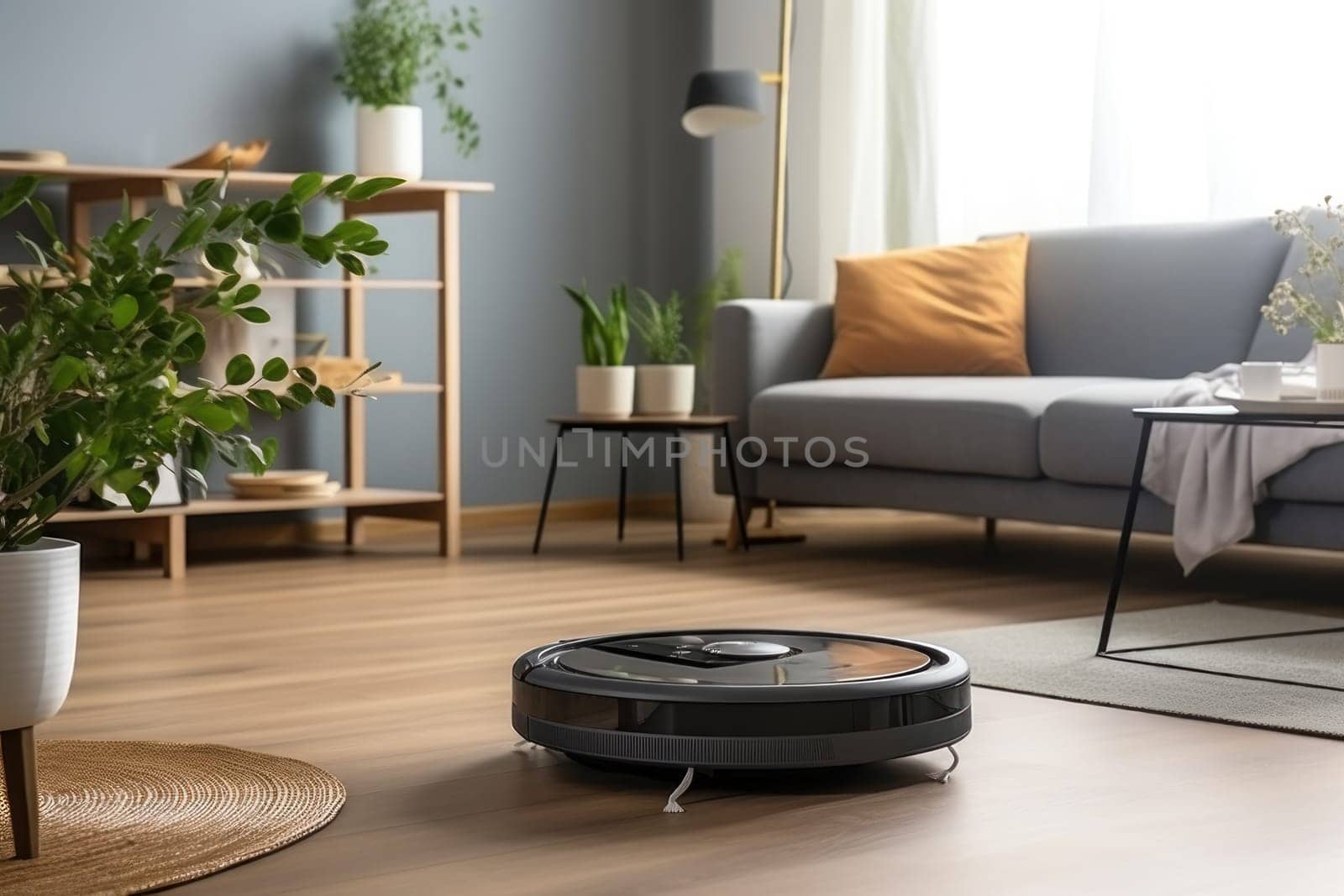 A robot vacuum cleaner is cleaning the living room floor. Generative AI by golfmerrymaker