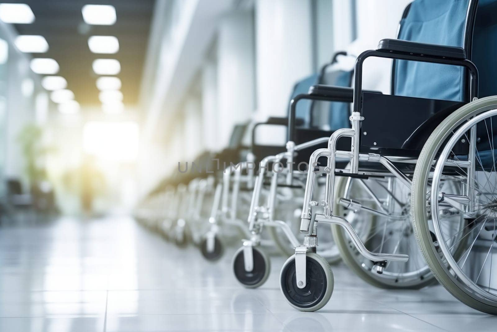 Wheelchairs waiting for patient services. with light copy space on left area. Generative AI.