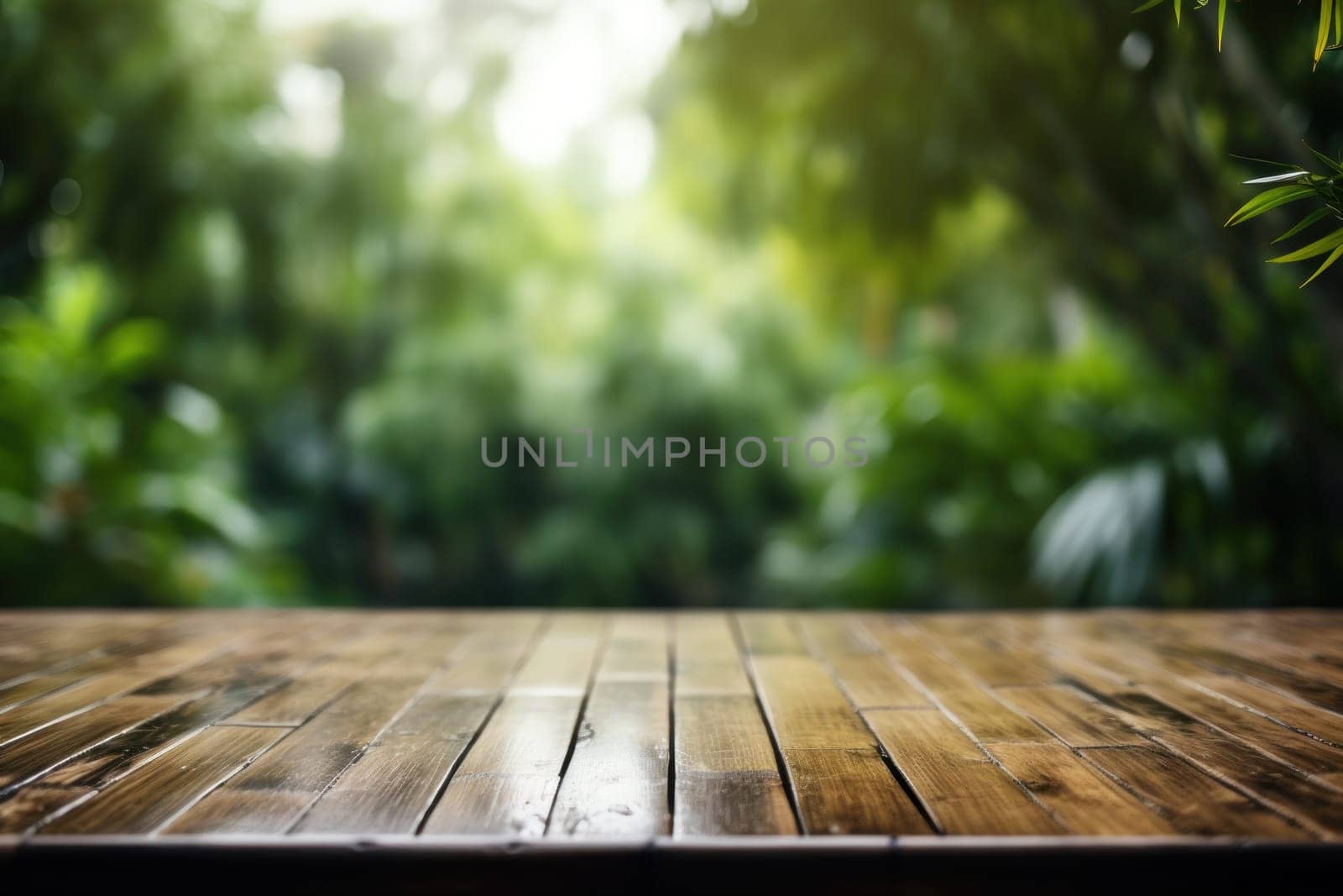 Empty table surface no objects on the table, blurred bamboo forest in the background. Generative AI.