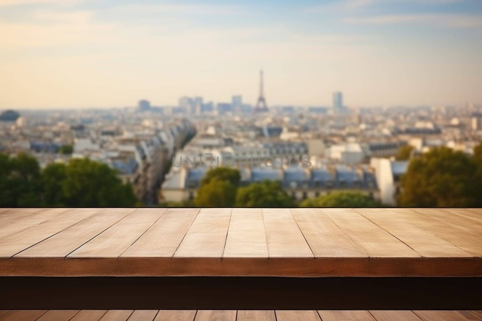 Empty table surface blurred Landmarks around the world in the background. Generative AI.