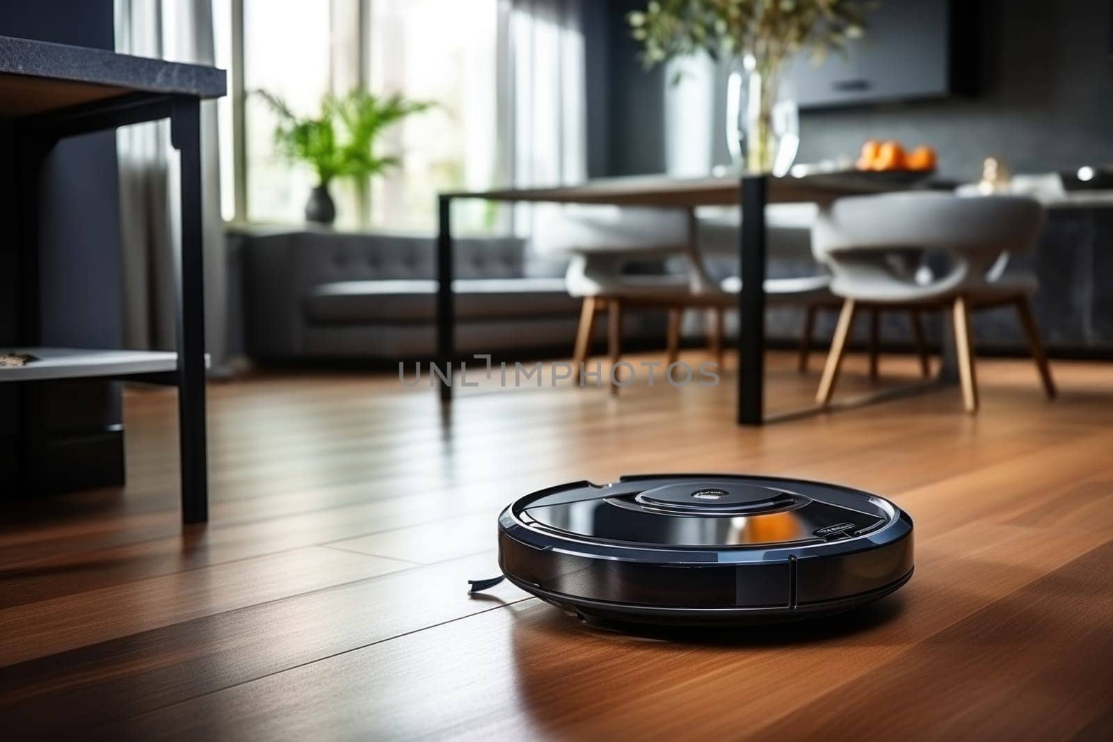 A robot vacuum cleaner is cleaning the living room floor. Generative AI by golfmerrymaker