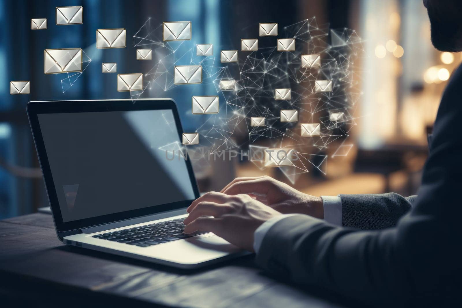 Freelancer's hand using computer laptop and sending online message with email icon. Generative AI.