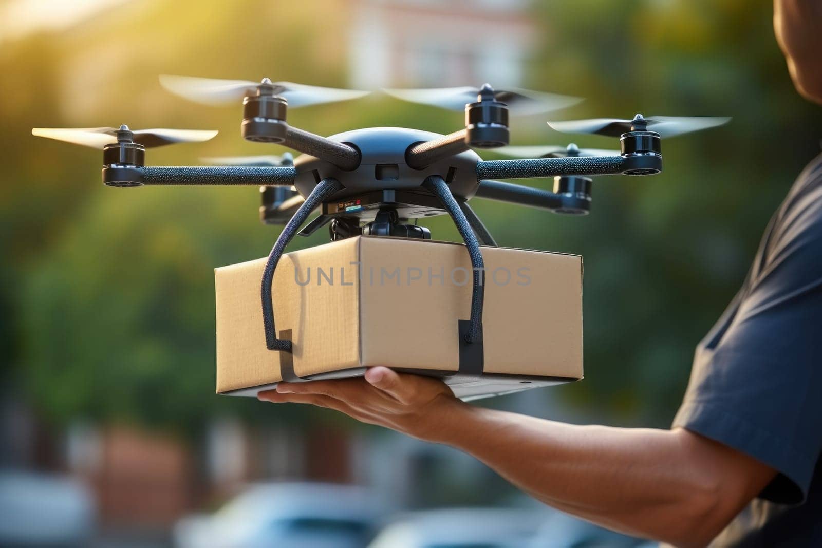 The drone is hoisting a package and shuttles through urban neighborhoods for delivery. Generative AI by golfmerrymaker