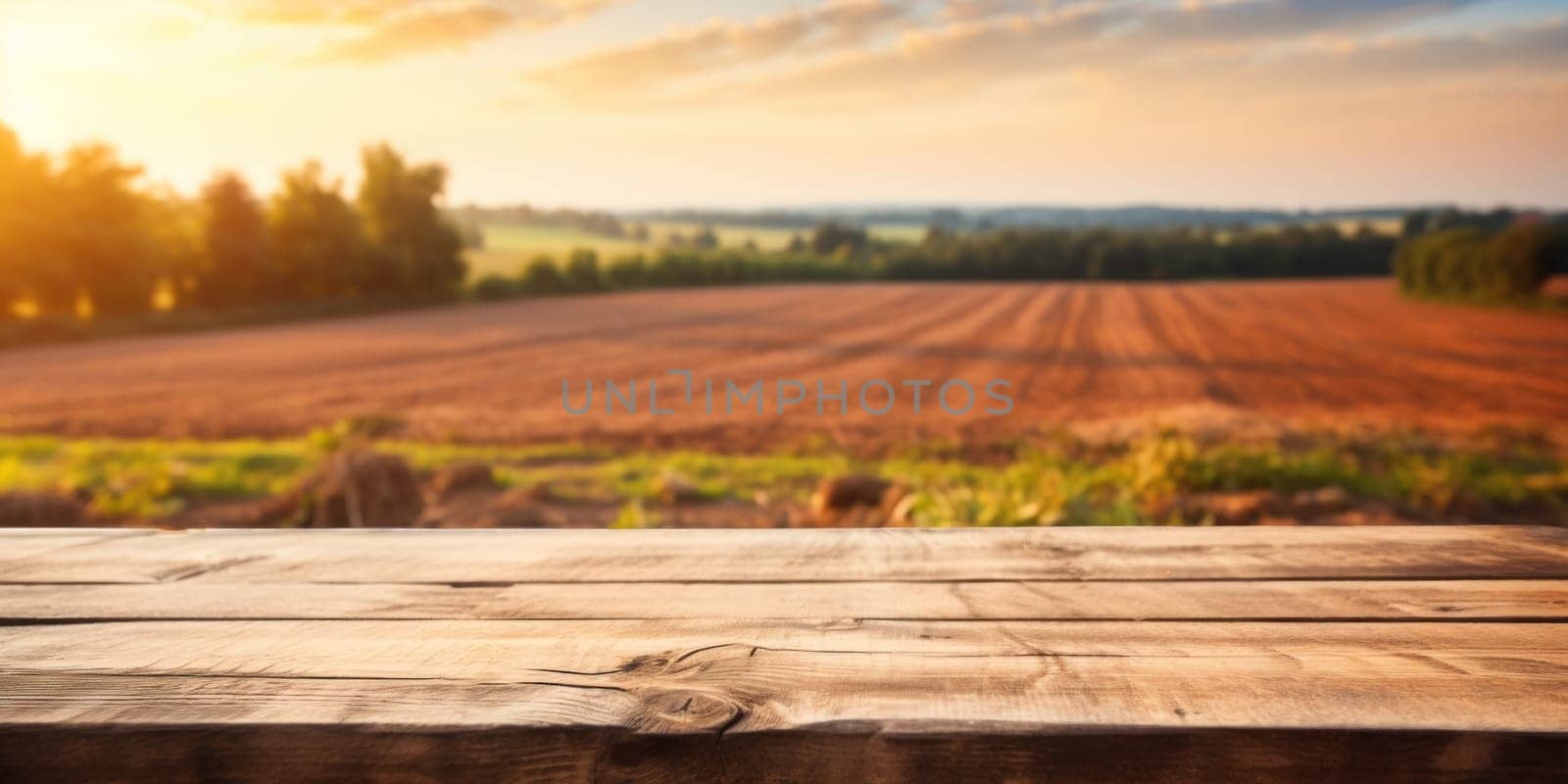 Empty wooden table top with farm landscape whit tractor during the autumn. Generative AI.