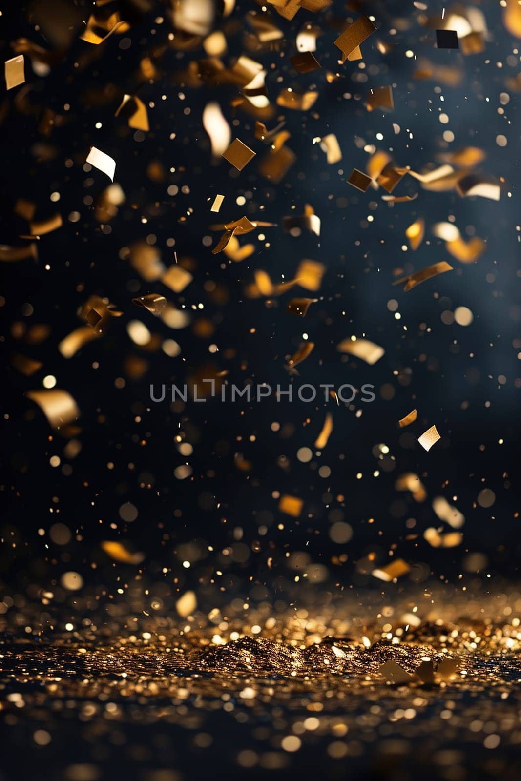 Luxurious black backdrop with cascade of golden confetti, ideal for upscale event announcements, glamorous product launches, and sophisticated advertising. Festive vertical background. Generative AI