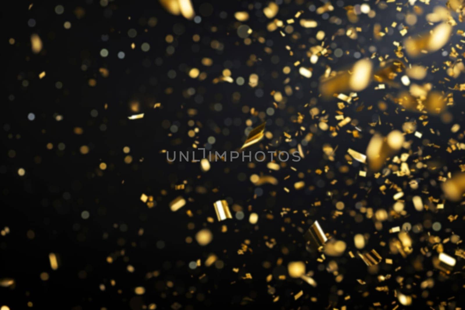 Luxurious black backdrop with a cascade of golden confetti, ideal for upscale event announcements, glamorous product launches, and sophisticated advertising. Festive blurred background. Generative AI