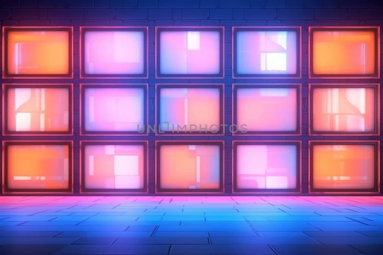 Background wall made of glowing tv screens, 3d unreal render, vibrant. Generative AI by golfmerrymaker