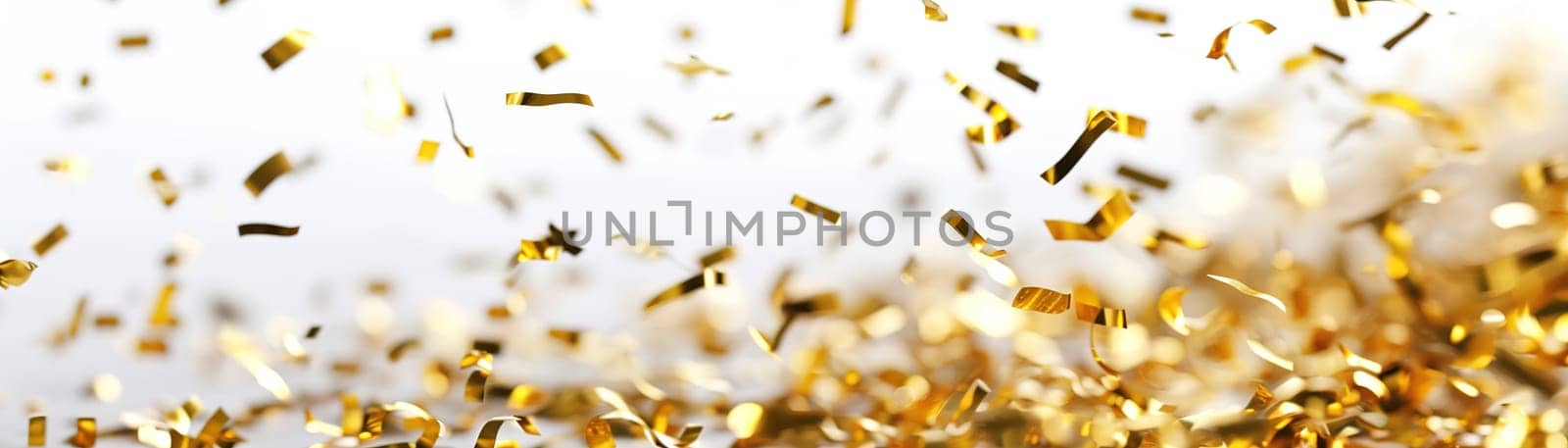 Elegant white background scattered with dynamic golden confetti, ideal for luxury branding, festive occasions, and upscale design projects. Festive background. Banner. Generative AI. by creativebird