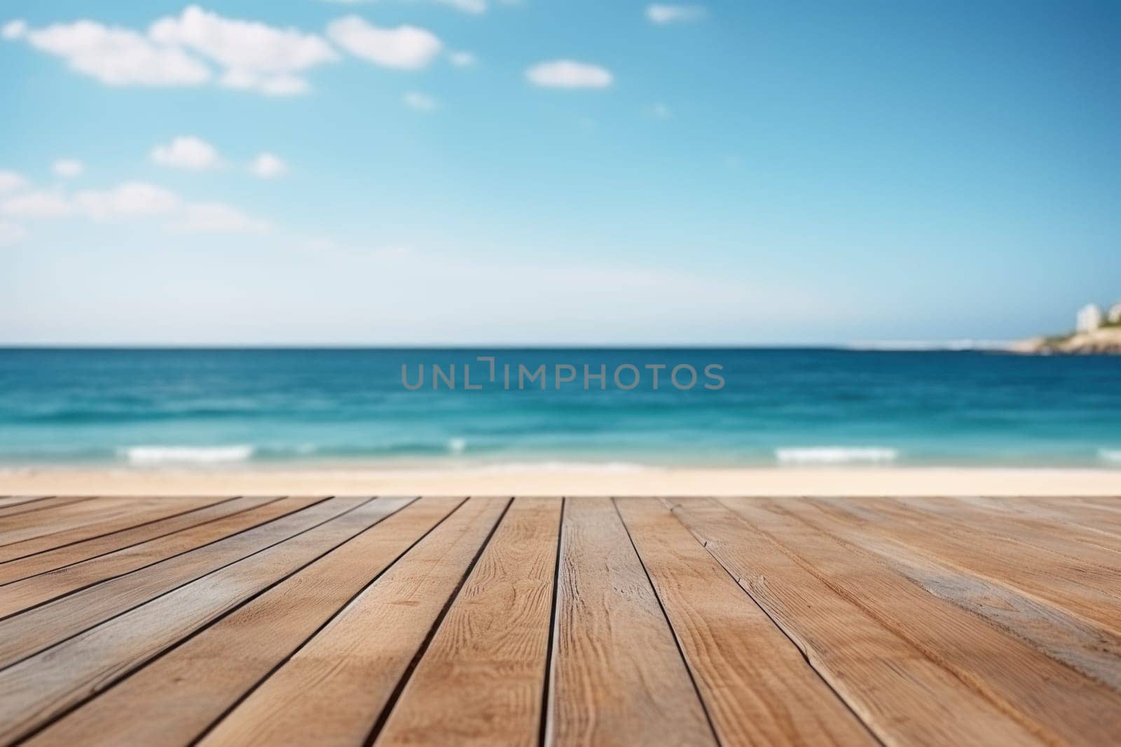 Wooden deck floor on the background of the sea and blue sky background. Generative AI.