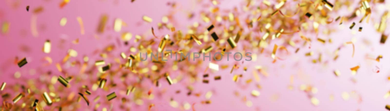 Vibrant pink blurred backdrop sprinkled with golden confetti, perfect for celebratory moments, festive occasions, stylish promotions, or eye-catching visual content. Banner. Generative AI