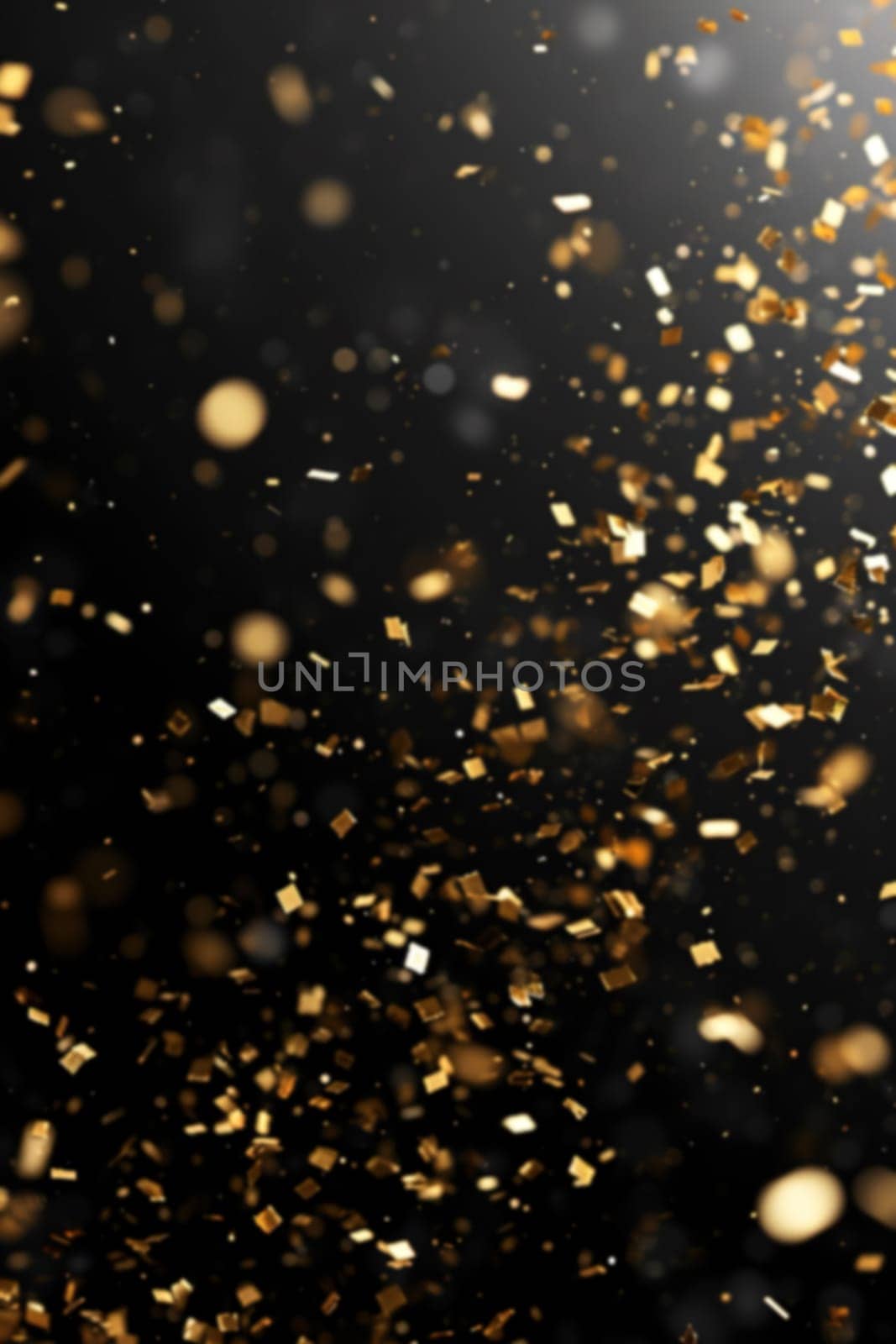 Luxurious black backdrop with a cascade of golden confetti, ideal for upscale event announcements, glamorous product launches, and sophisticated advertising. Festive blurred background. Generative AI
