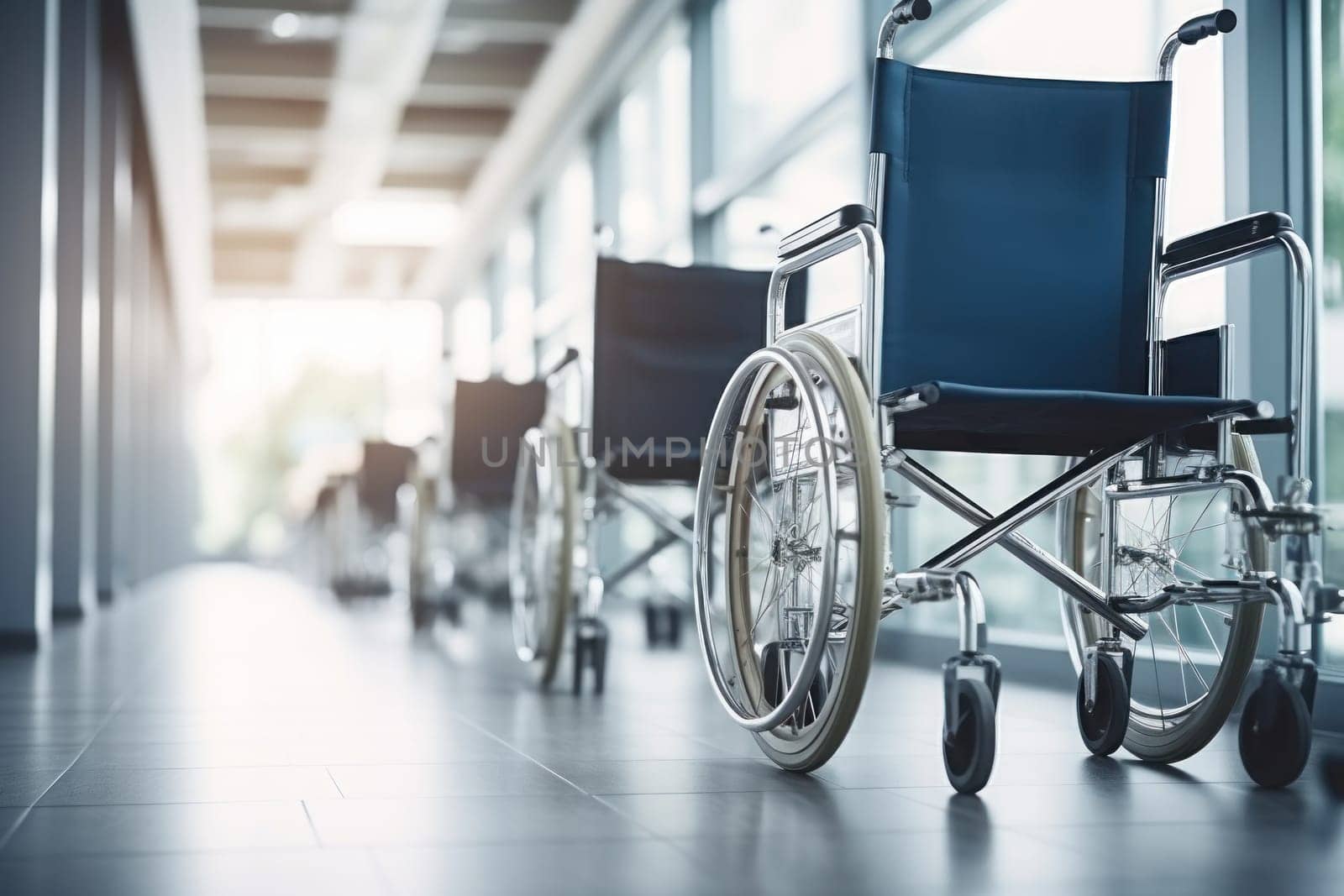 Wheelchairs waiting for patient services. with light copy space on left area. Generative AI.