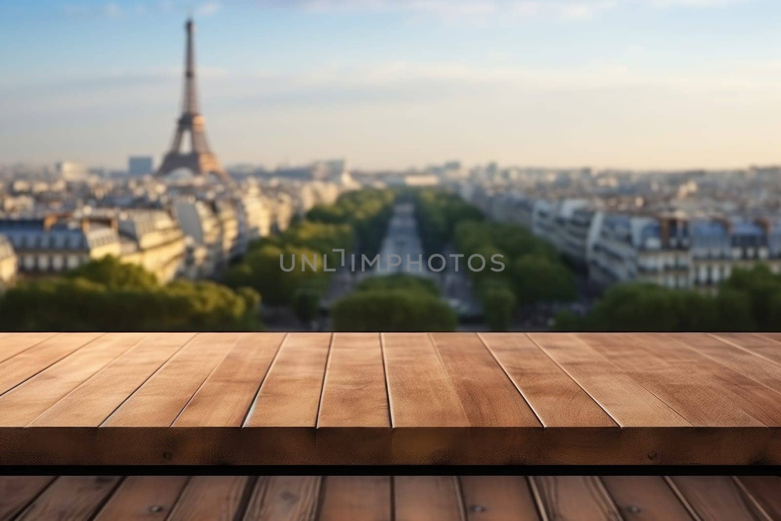 Empty table surface blurred Landmarks around the world in the background. Generative AI.
