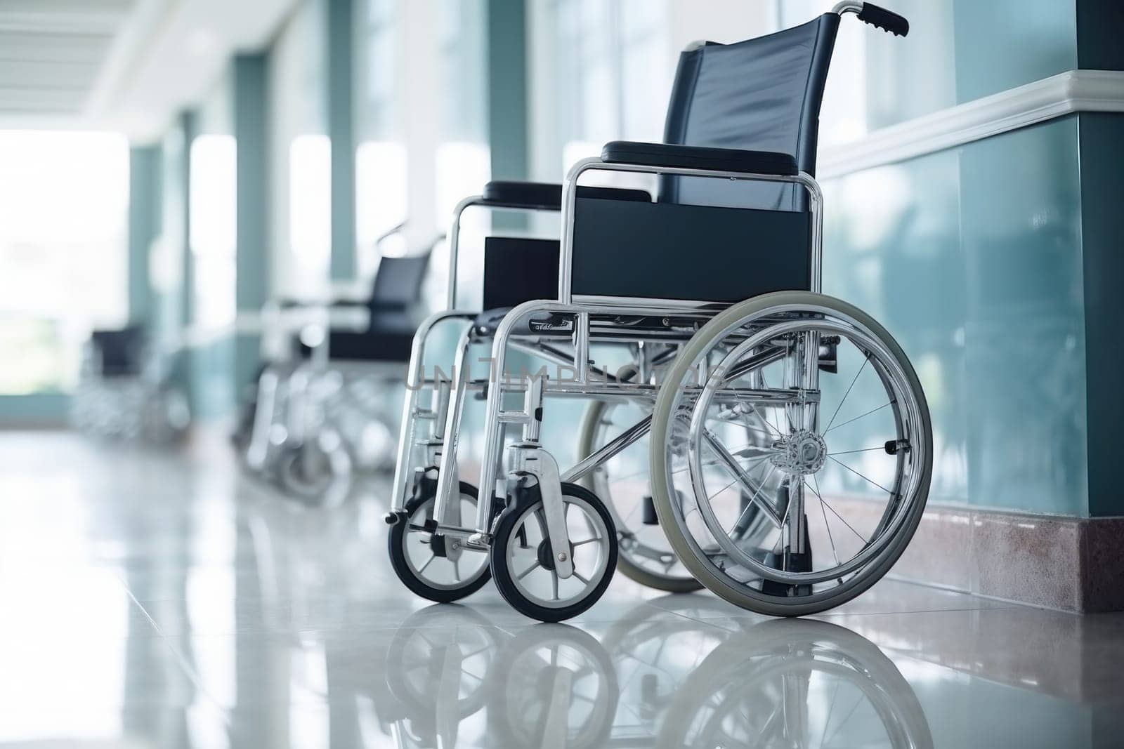 Wheelchairs waiting for patient services. with light copy space on left area. Generative AI.
