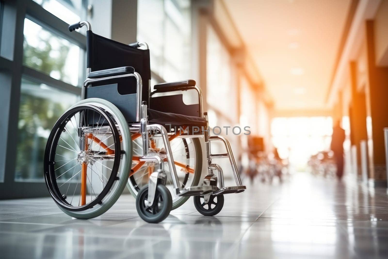 Wheelchairs waiting for patient services. with light copy space on left area. Generative AI.