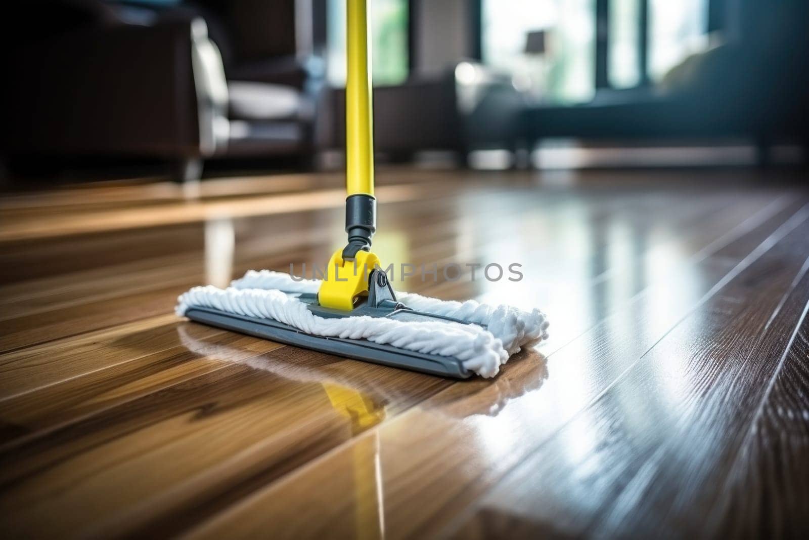 Floor cleaning with mob and cleanser foam. Cleaning tools on parquet floor. Generative AI.