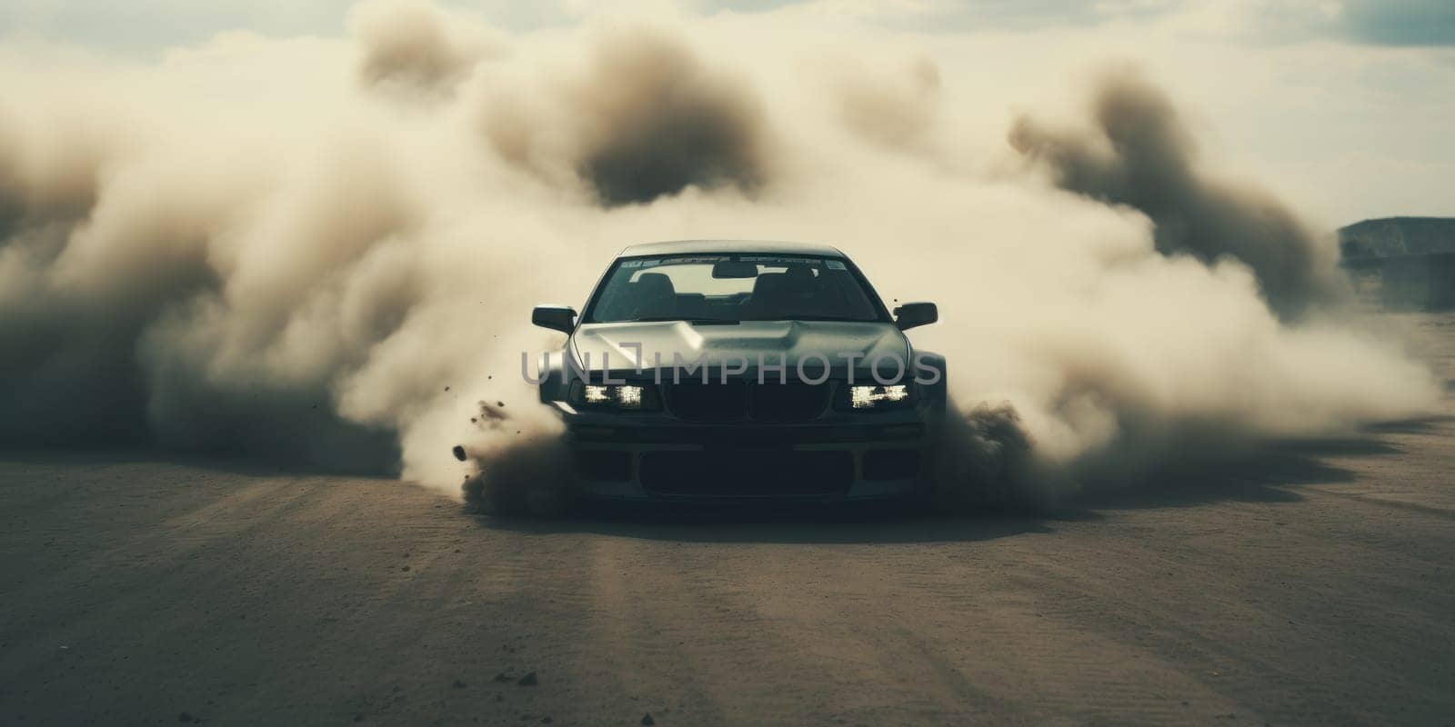 A car drifting leaving behind smoke. Generative AI.