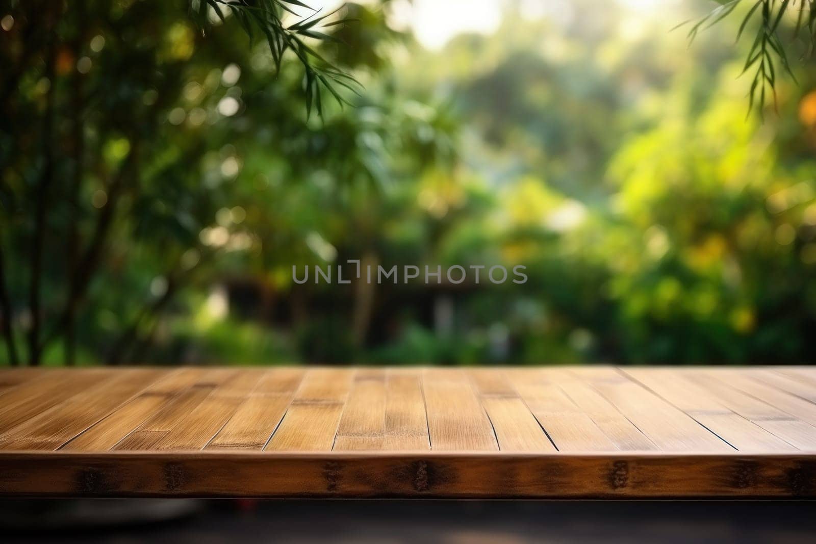 Empty table surface no objects on the table, blurred bamboo forest in the background. Generative AI.