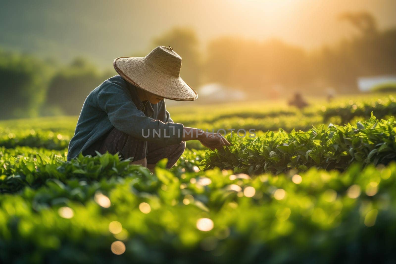 Happy Thai male farmer harvesting rice in countryside Thailand. Generative AI.