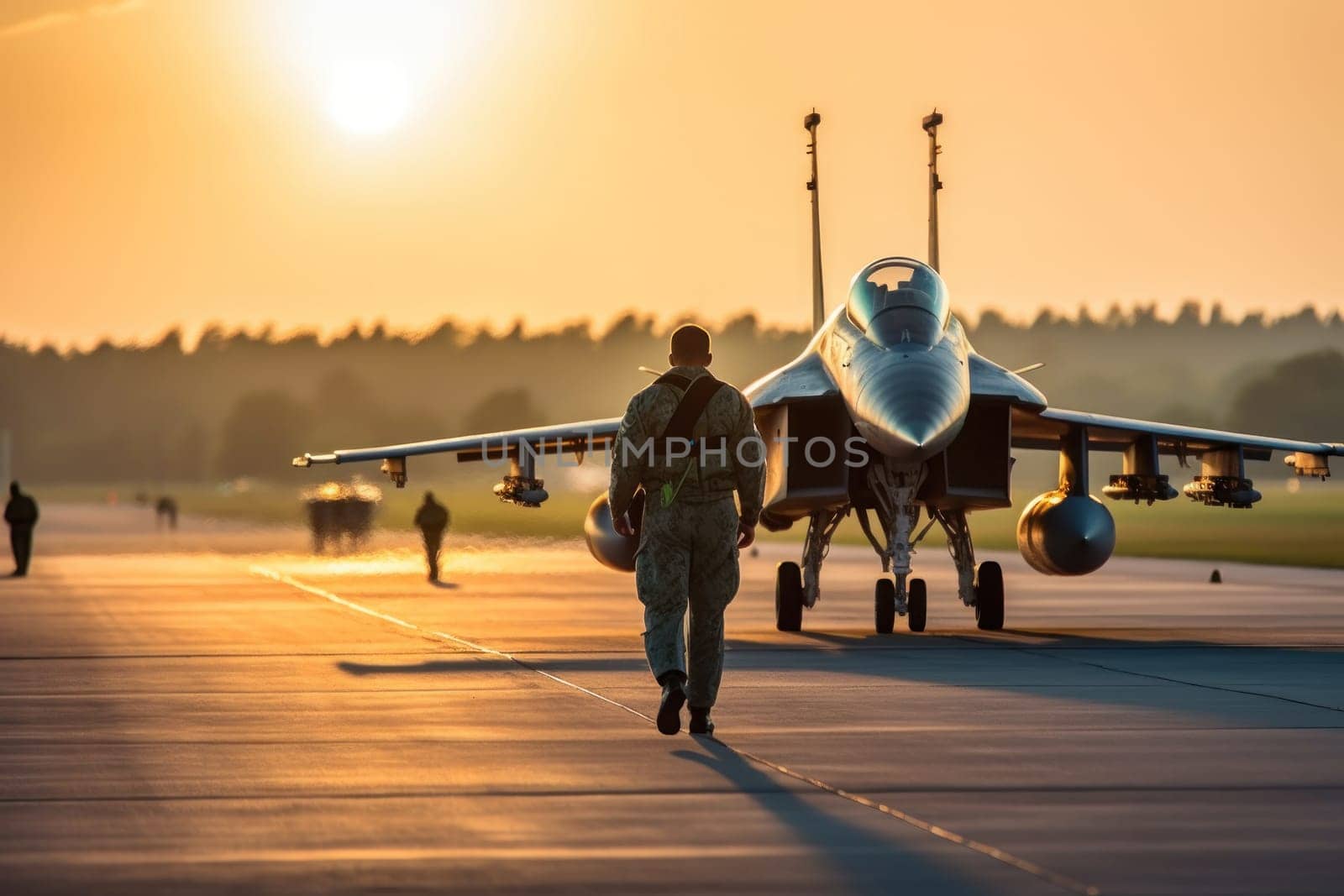 Pilot walking along the runway lighting in the background of a fighter Generative AI.