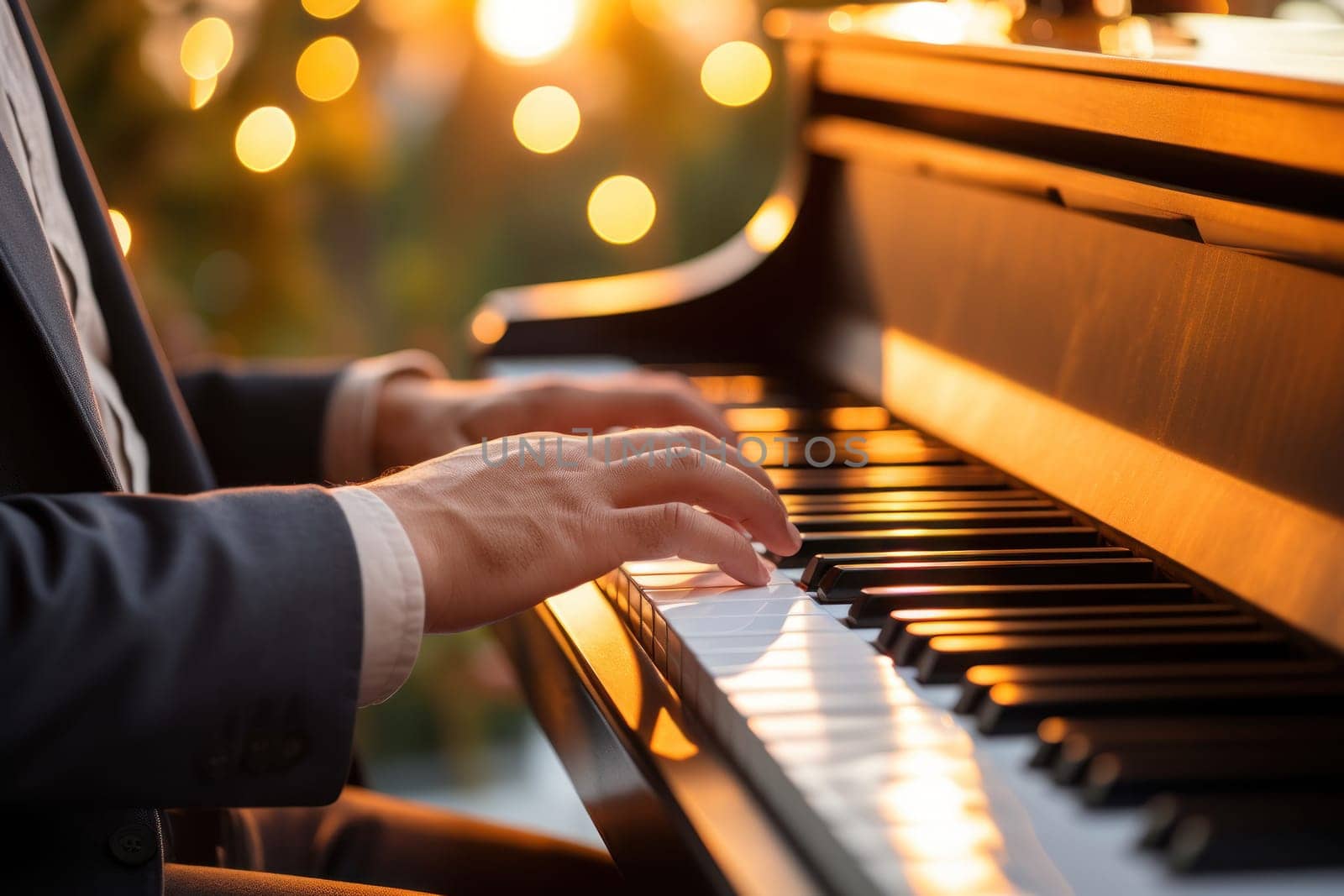 Photo of male hands of a person playing the piano bokeh lights in the background. Generative AI.