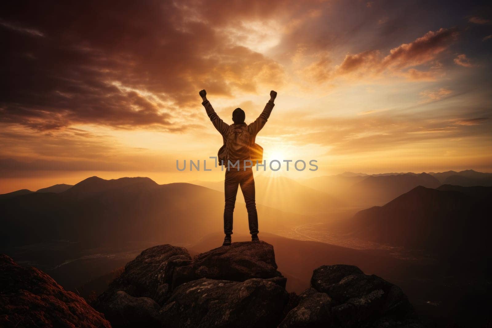 Silhouette stands triumphantly on the mountain top. Raise your arms and make a fist. Generative AI.