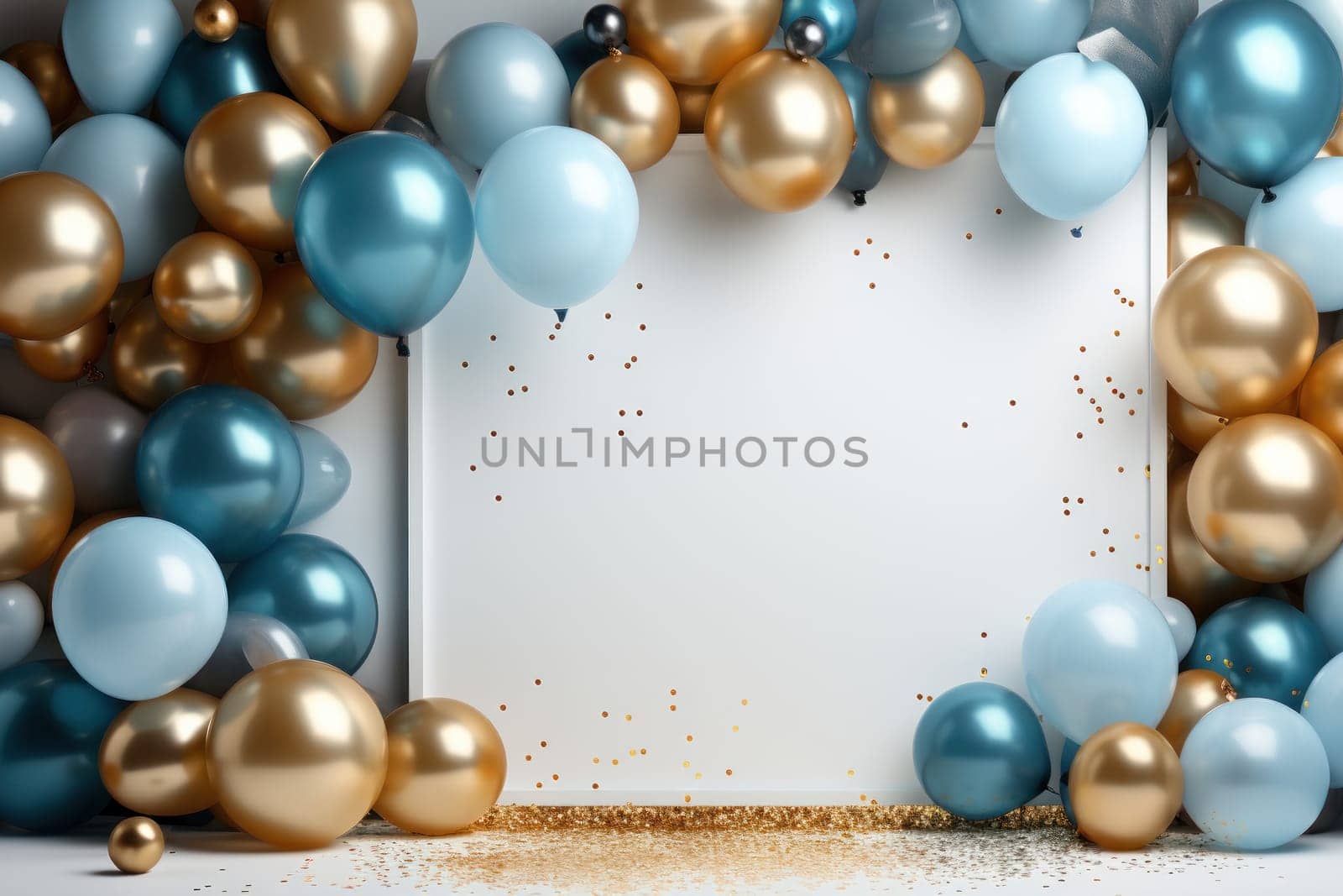 Background with golden and blue balloons center empty space for text. Generative AI.