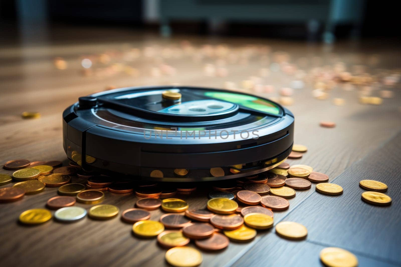 A robot vacuum cleaner is cleaning up scraps of coin on the living room floor. Generative AI.