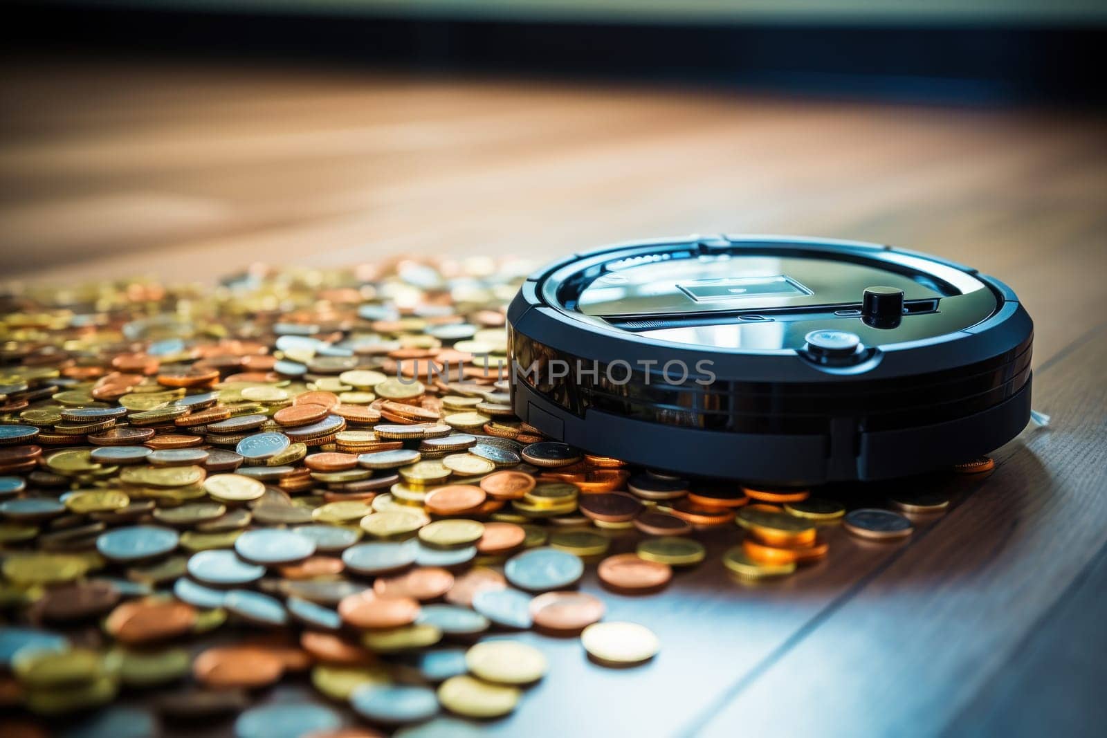A robot vacuum cleaner is cleaning up scraps of coin on the living room floor. Generative AI.