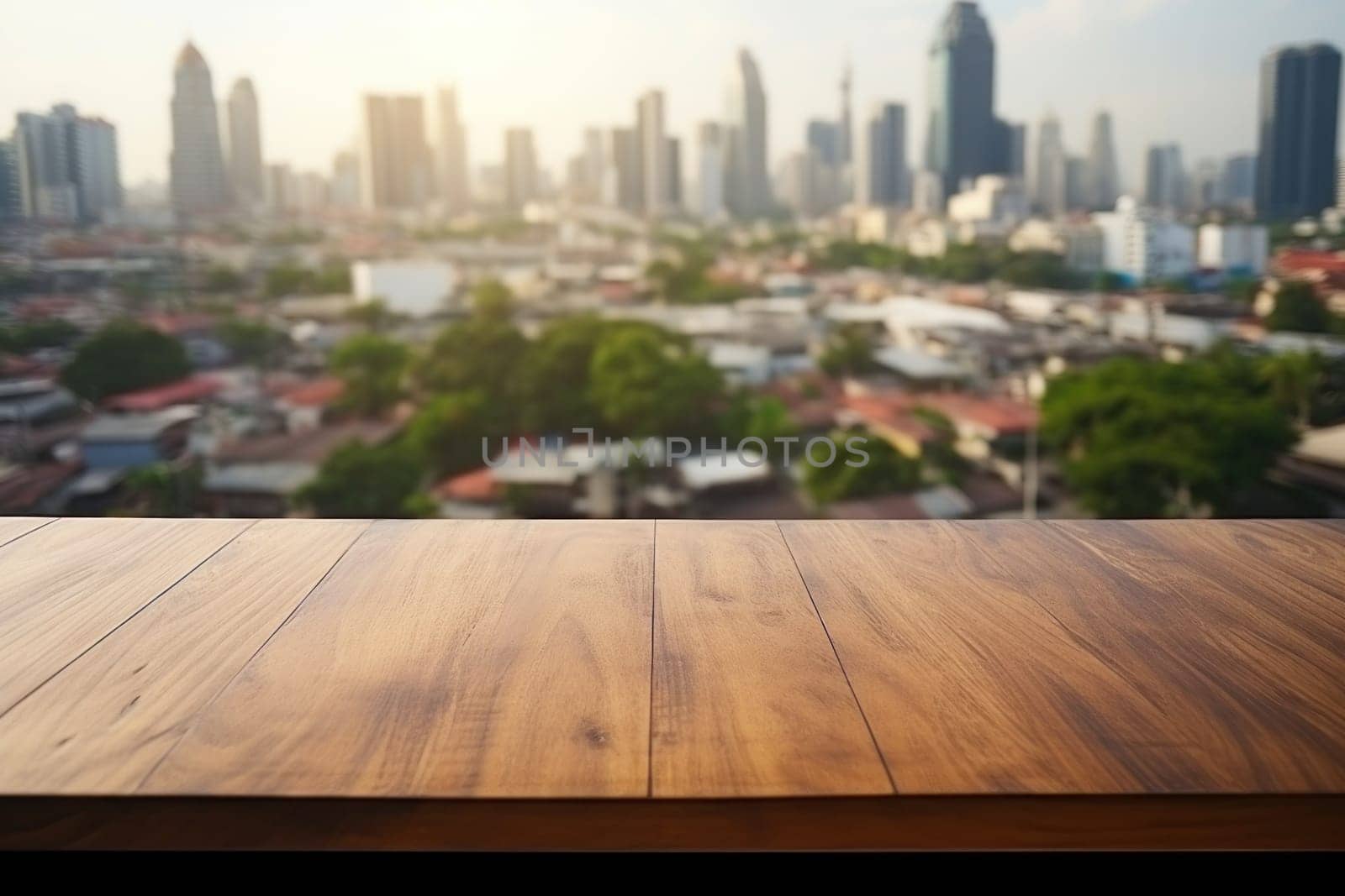 Empty top table no objects on the table blurred bangkok in the background. Generative AI.