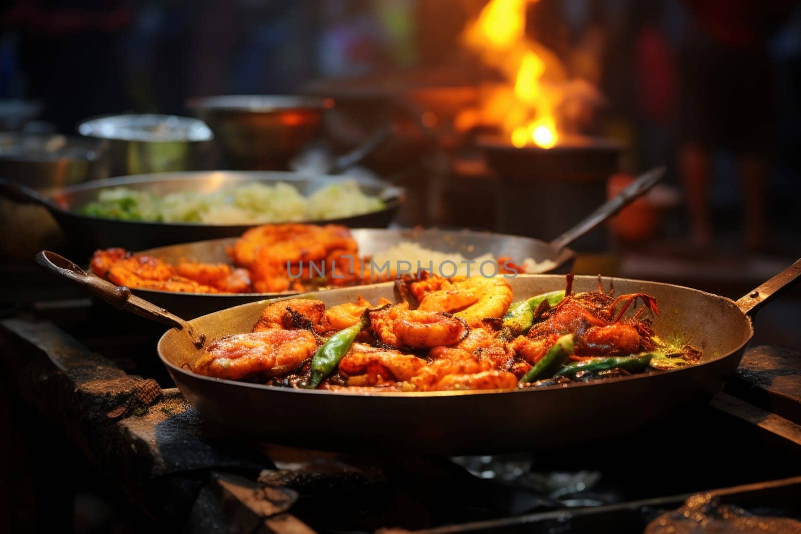 Happy Indian vendor selling streets food in India. Generative AI.
