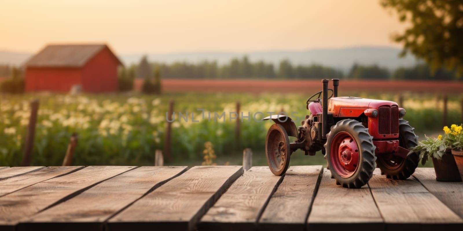 Empty wooden table top with farm landscape whit tractor during the autumn. Generative AI.