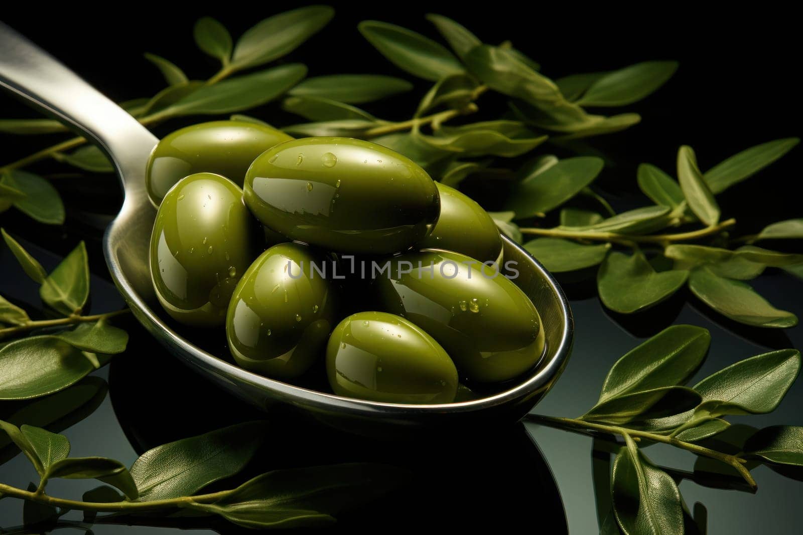 Olives on a spoon on a green background with oil and olive leaves. Generative AI.